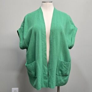 J. Jill‎ Open Front Cardigan Sweater Plus Size 2X Green Pockets Short Cap Sleeve
